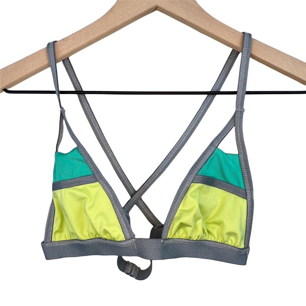 Blue Life green grey teal colorblocked cutout triangle bikini swim top small